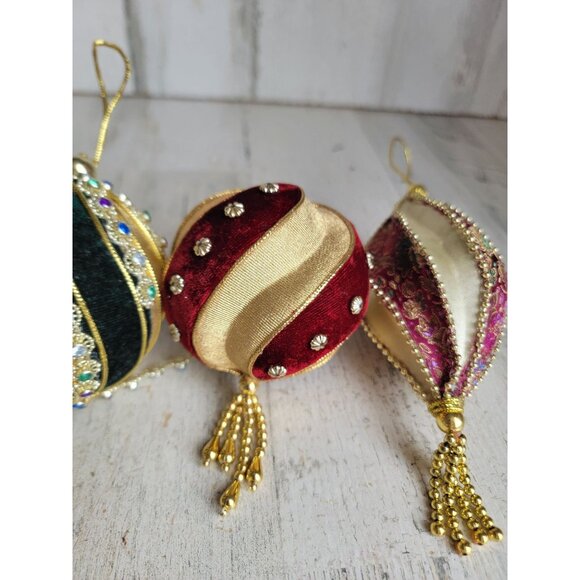 Velvet sequin ball unique ornament Xmas set Golden lace - Picture 3 of 8